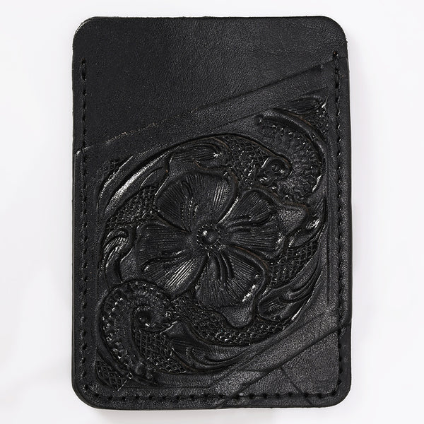 ADCCG108 Hand-Tooled Leather Card Holder - Western Floral Slim Vertical Wallet