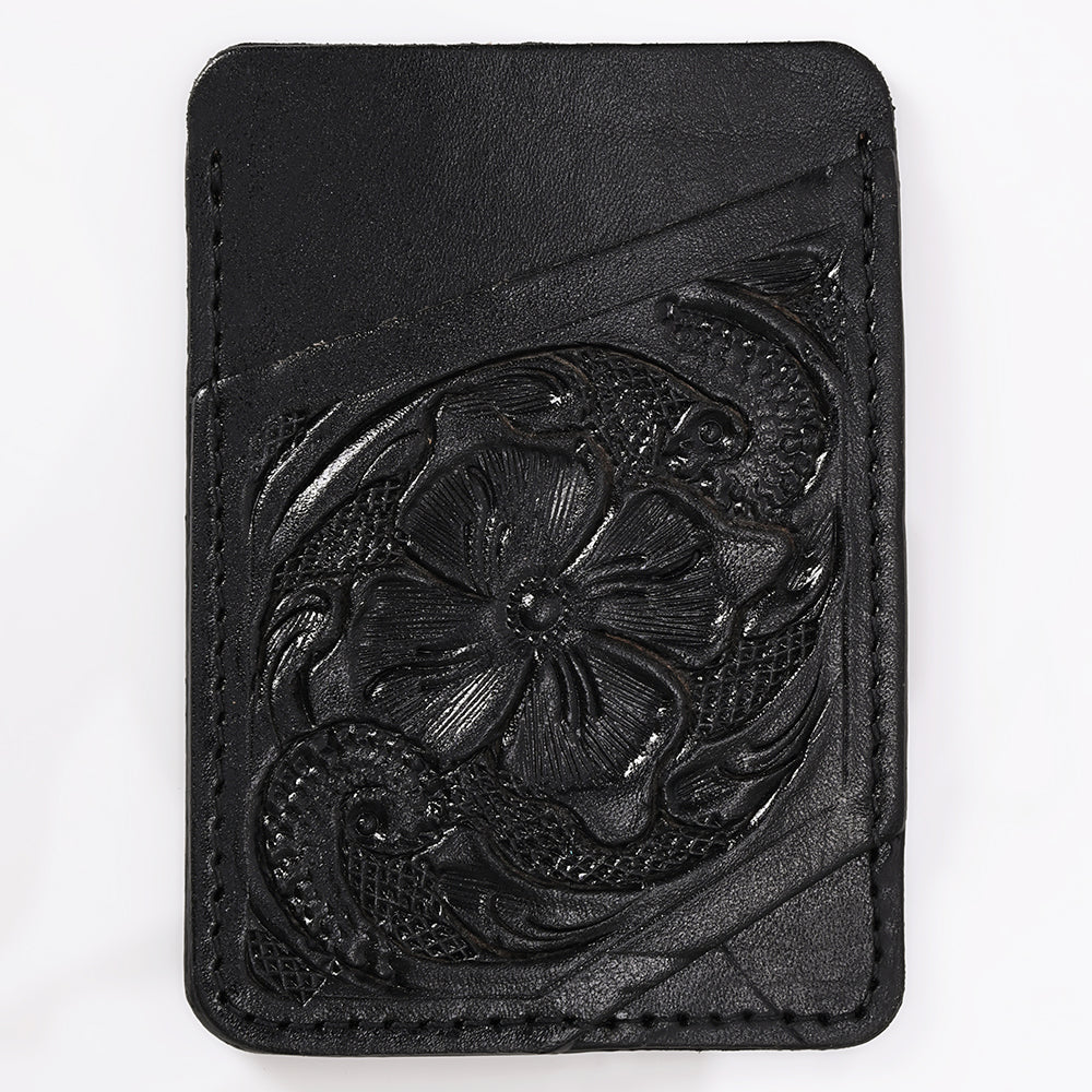 ADCCG108 Hand-Tooled Leather Card Holder - Western Floral Slim Vertical Wallet