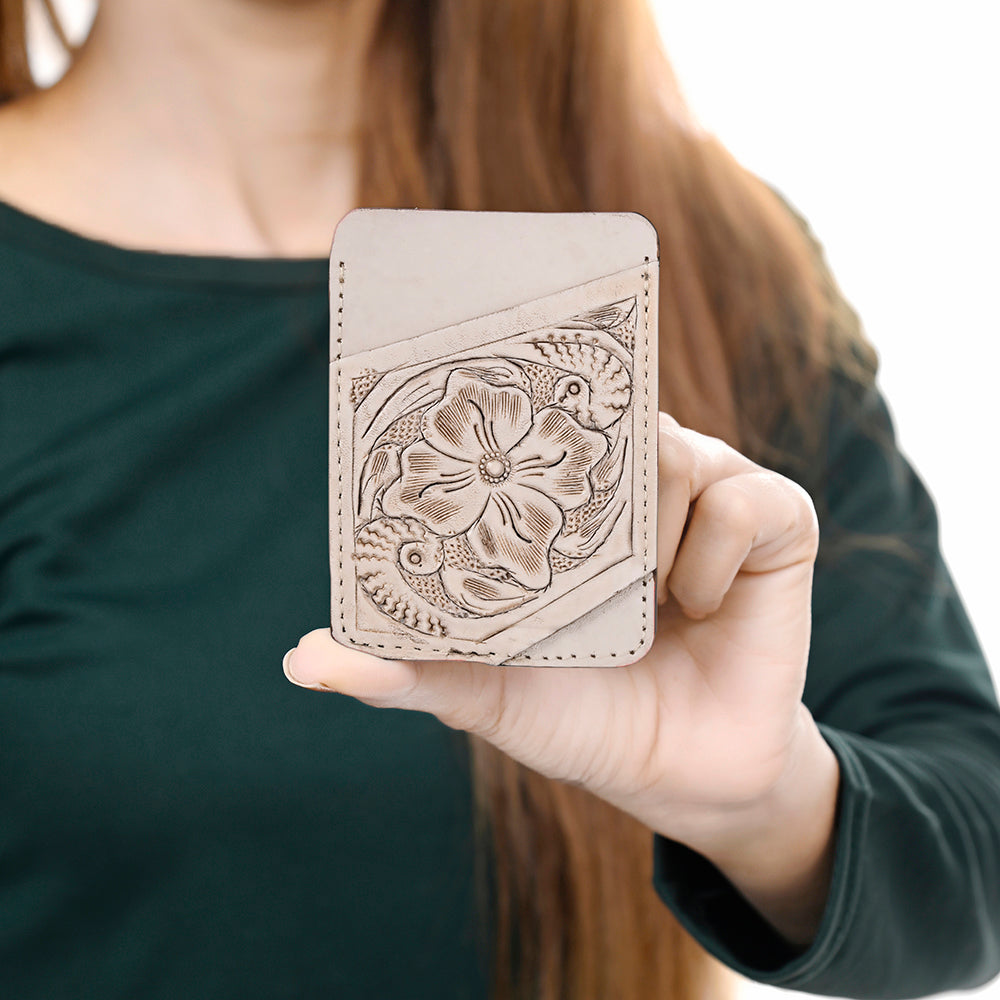 ADCCG108 Hand-Tooled Leather Card Holder - Western Floral Slim Vertical Wallet
