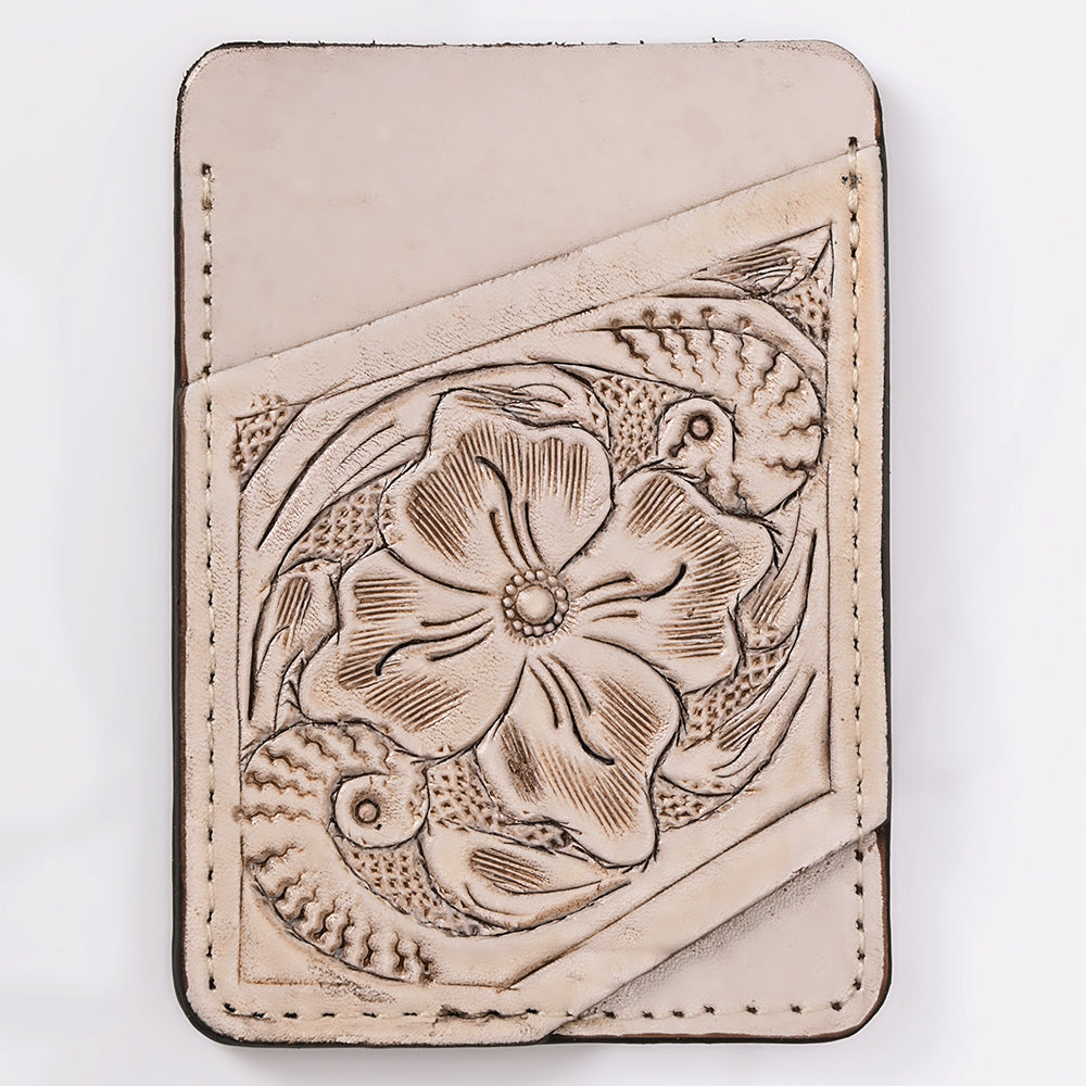 ADCCG108 Hand-Tooled Leather Card Holder - Western Floral Slim Vertical Wallet