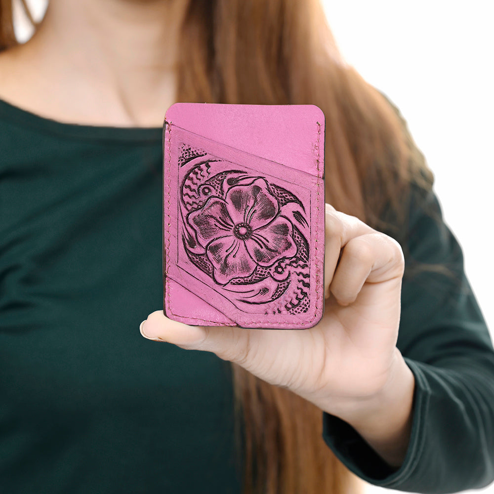 ADCCG108 Hand-Tooled Leather Card Holder - Western Floral Slim Vertical Wallet