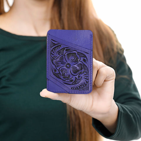 ADCCG108 Hand-Tooled Leather Card Holder - Western Floral Slim Vertical Wallet