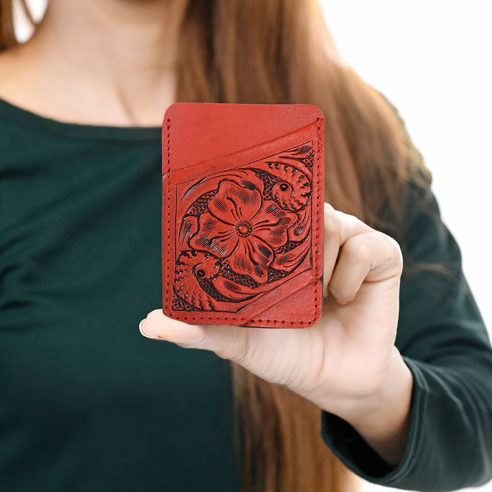 ADCCG108 Hand-Tooled Leather Card Holder - Western Floral Slim Vertical Wallet