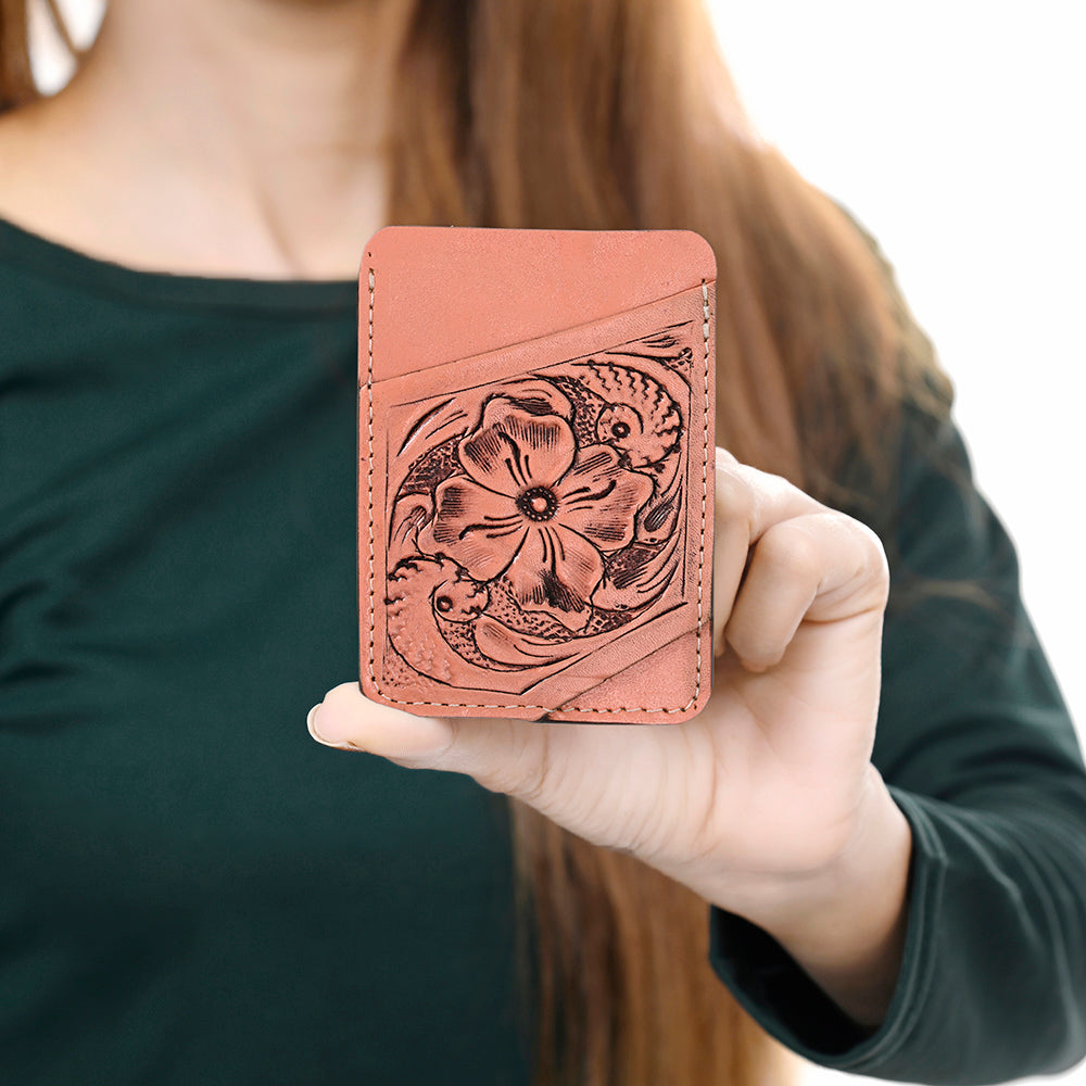 ADCCG108 Hand-Tooled Leather Card Holder - Western Floral Slim Vertical Wallet