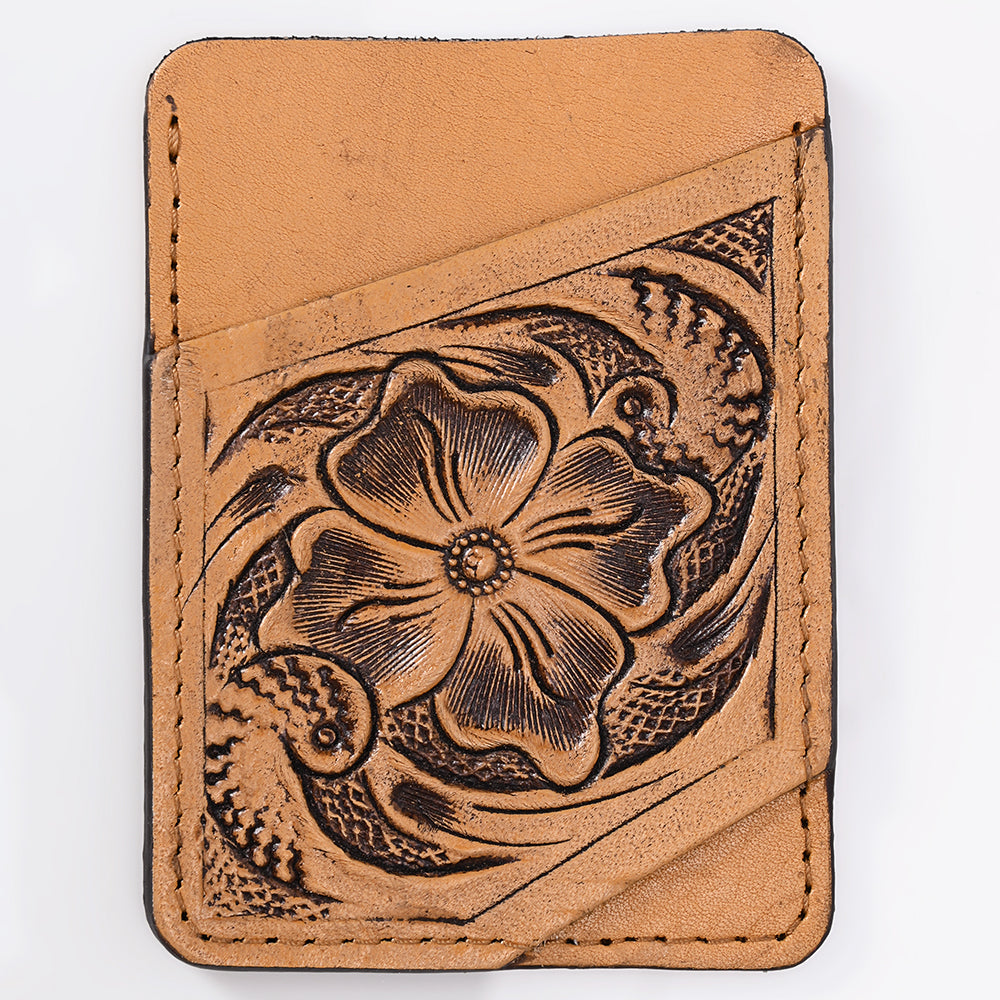ADCCG108 Hand-Tooled Leather Card Holder - Western Floral Slim Vertical Wallet