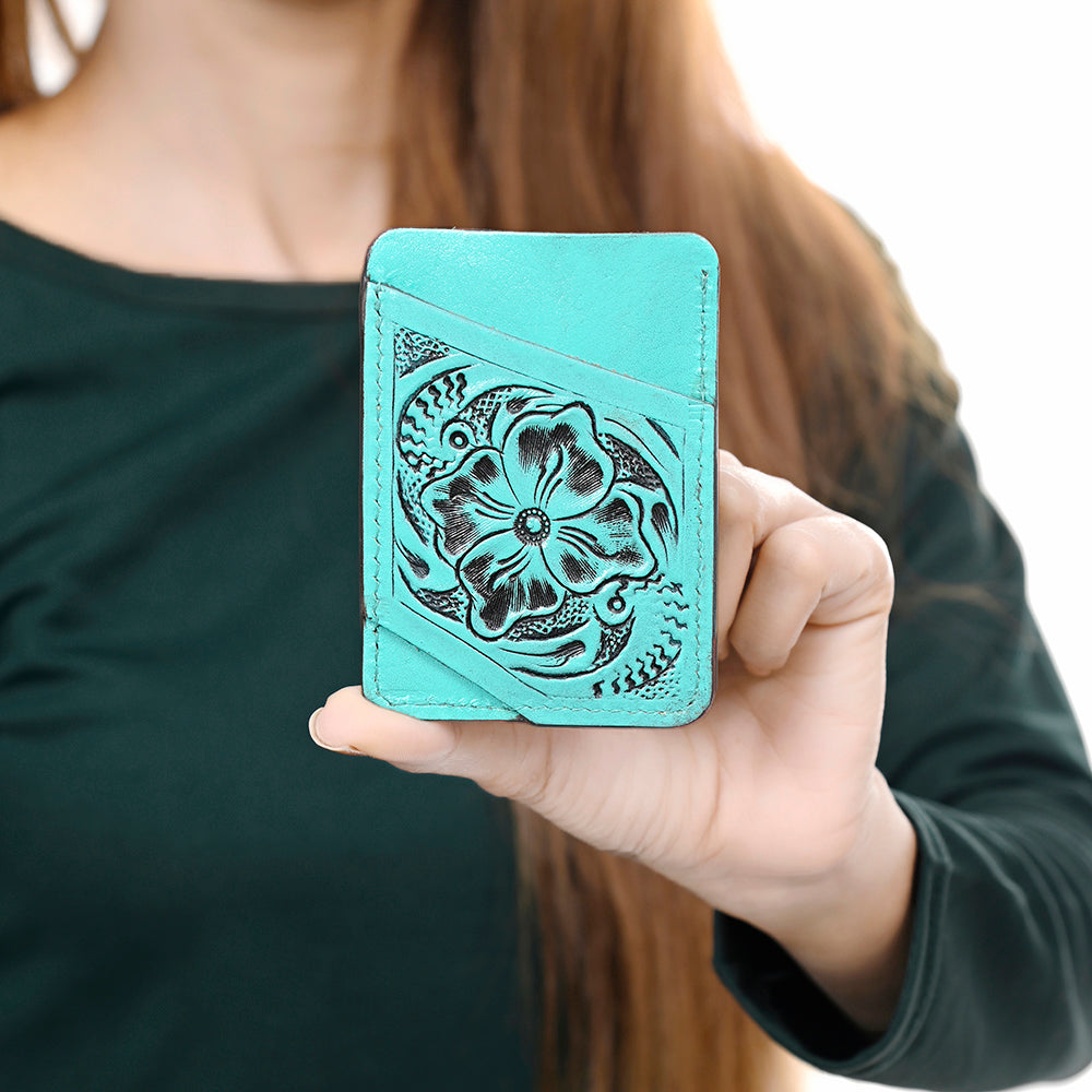 ADCCG108 Hand-Tooled Leather Card Holder - Western Floral Slim Vertical Wallet