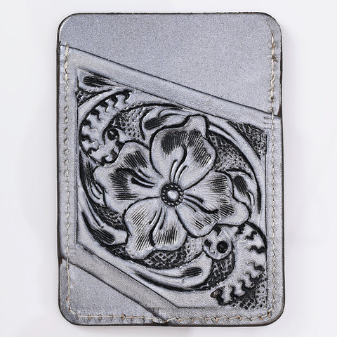 ADCCG108 Hand-Tooled Leather Card Holder - Western Floral Slim Vertical Wallet