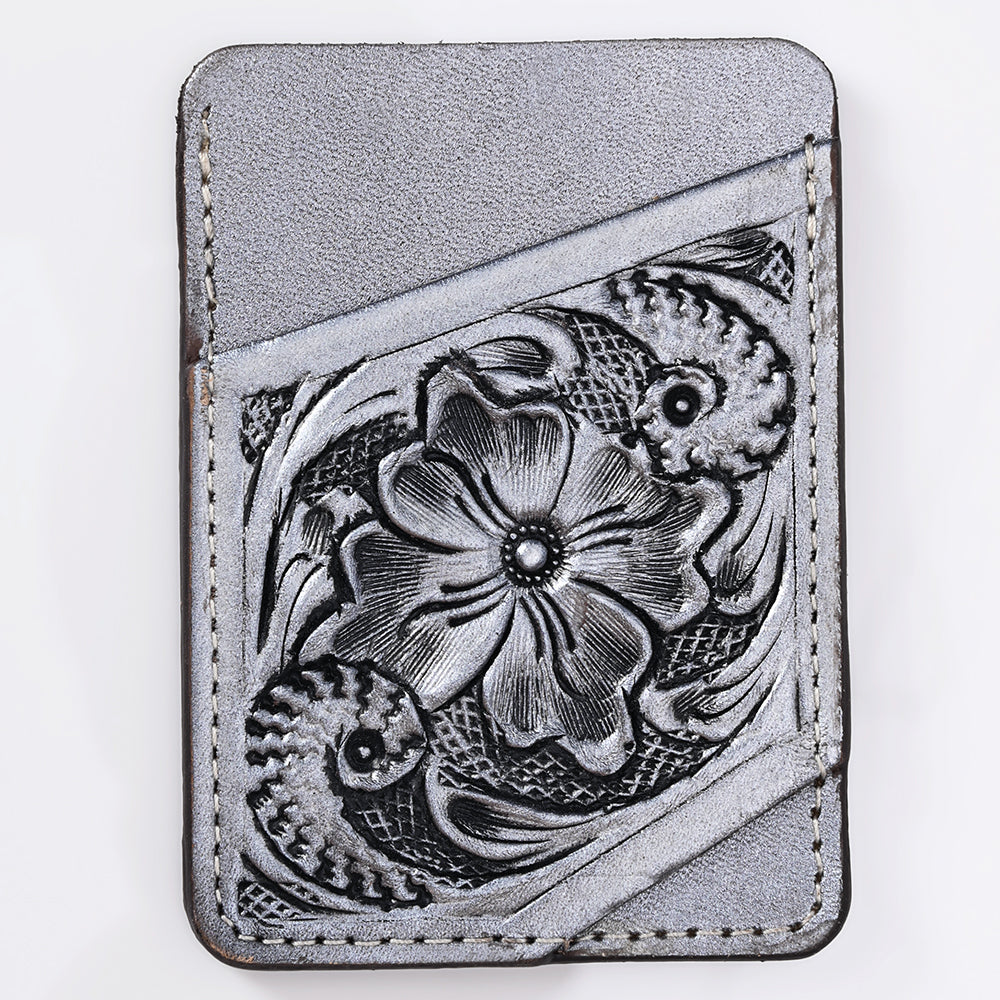 ADCCG108 Hand-Tooled Leather Card Holder - Western Floral Slim Vertical Wallet