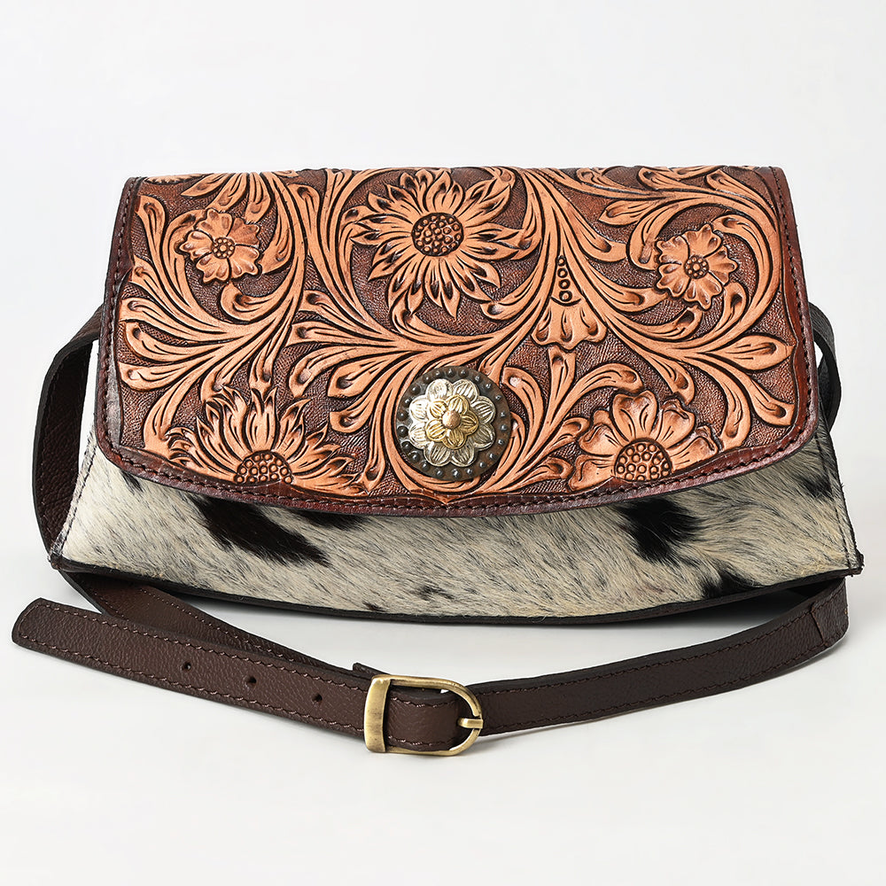 ADBGA569 Hand-Tooled Leather & Cowhide Crossbody Bag Western Floral Concho Accent