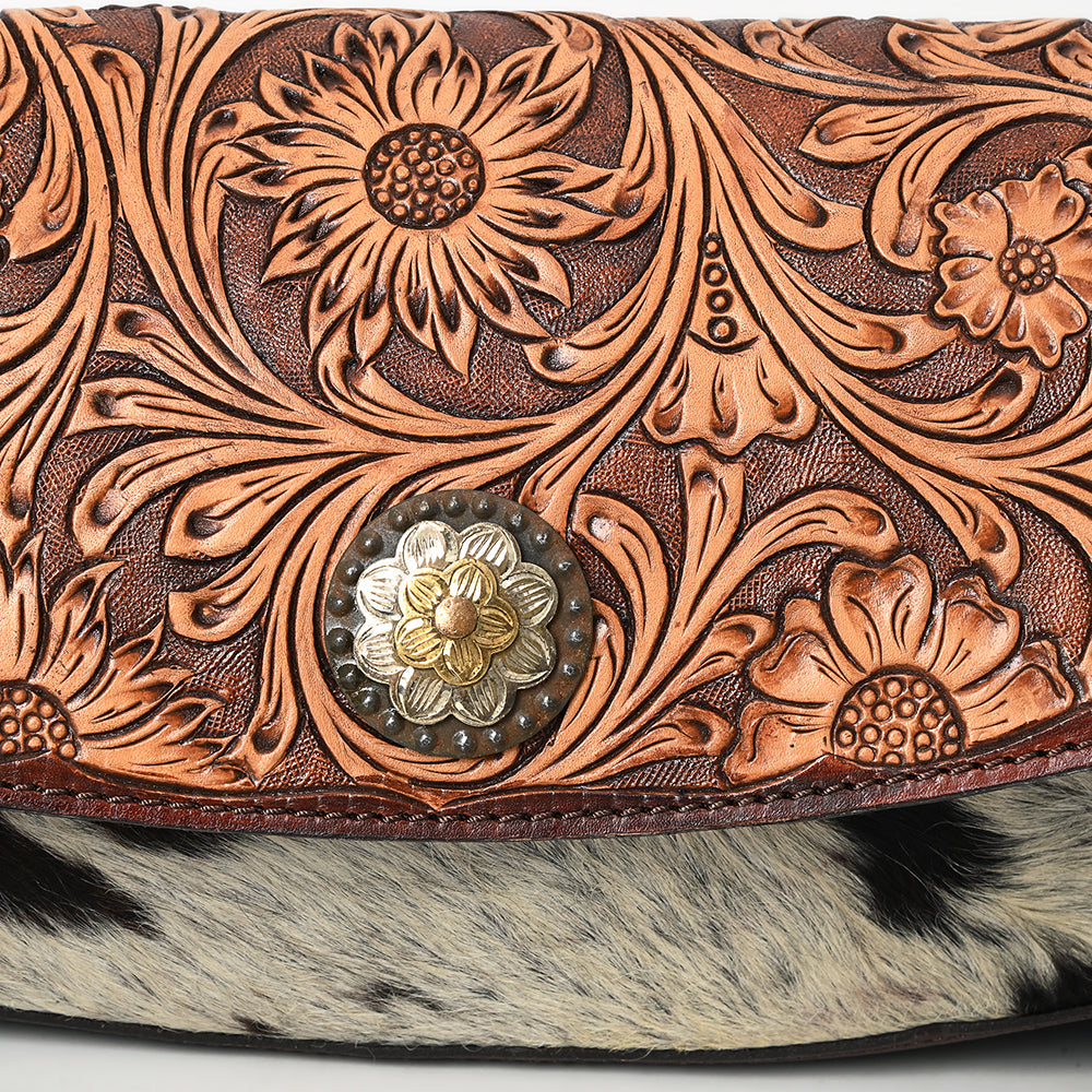 ADBGA569 Hand-Tooled Leather & Cowhide Crossbody Bag Western Floral Concho Accent