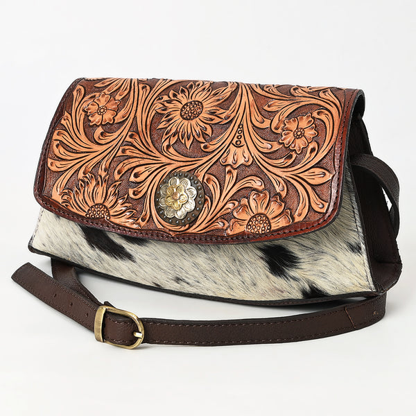 ADBGA569 Hand-Tooled Leather & Cowhide Crossbody Bag Western Floral Concho Accent