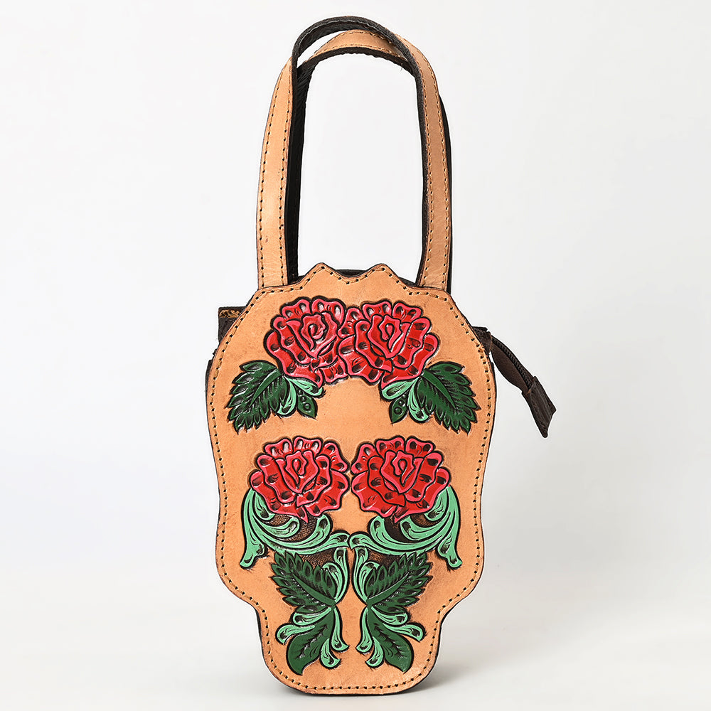 ADBGA570 Hand-Tooled Rose Skull Leather Tote Western Floral Art Bag