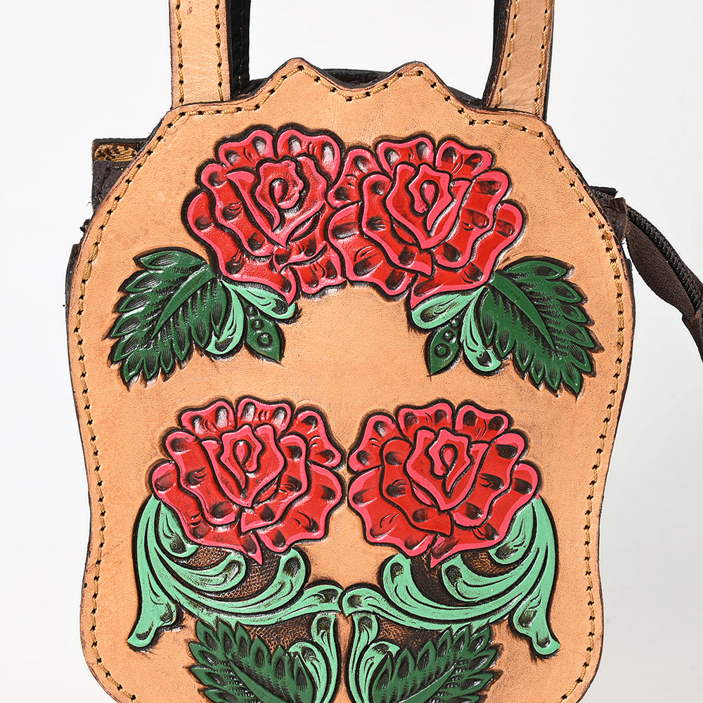 ADBGA570 Hand-Tooled Rose Skull Leather Tote Western Floral Art Bag