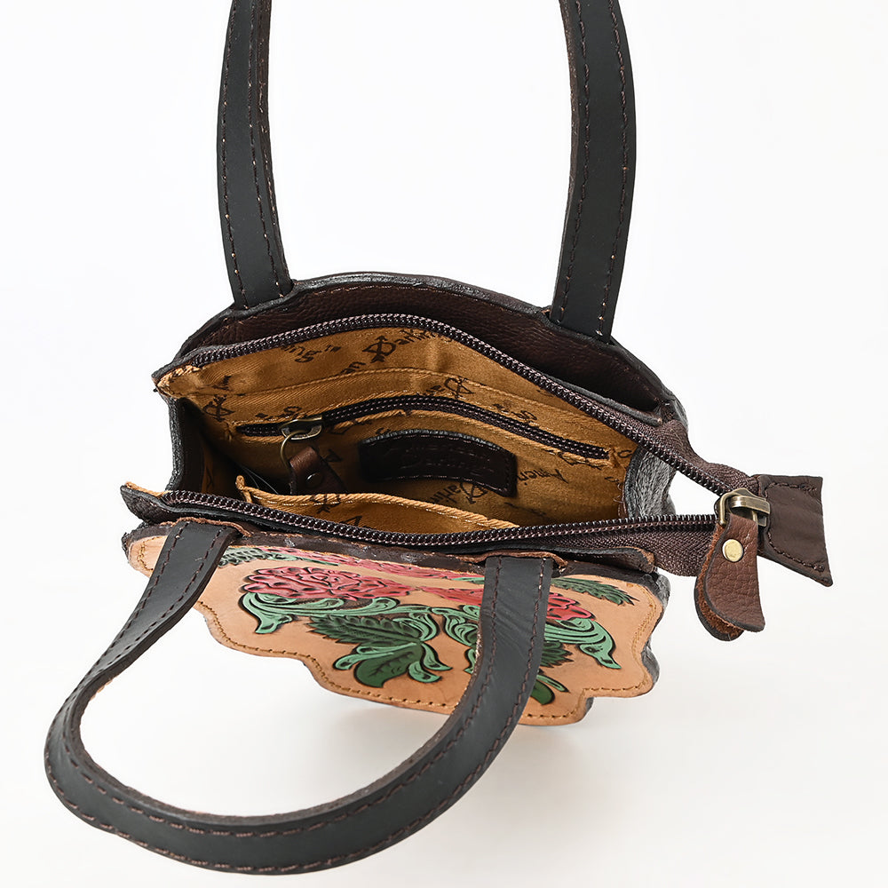 ADBGA570 Hand-Tooled Rose Skull Leather Tote Western Floral Art Bag