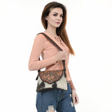 ADBGA571 Hand-Tooled Leather & Cowhide Crossbody Bag Western Floral Saddle Flap