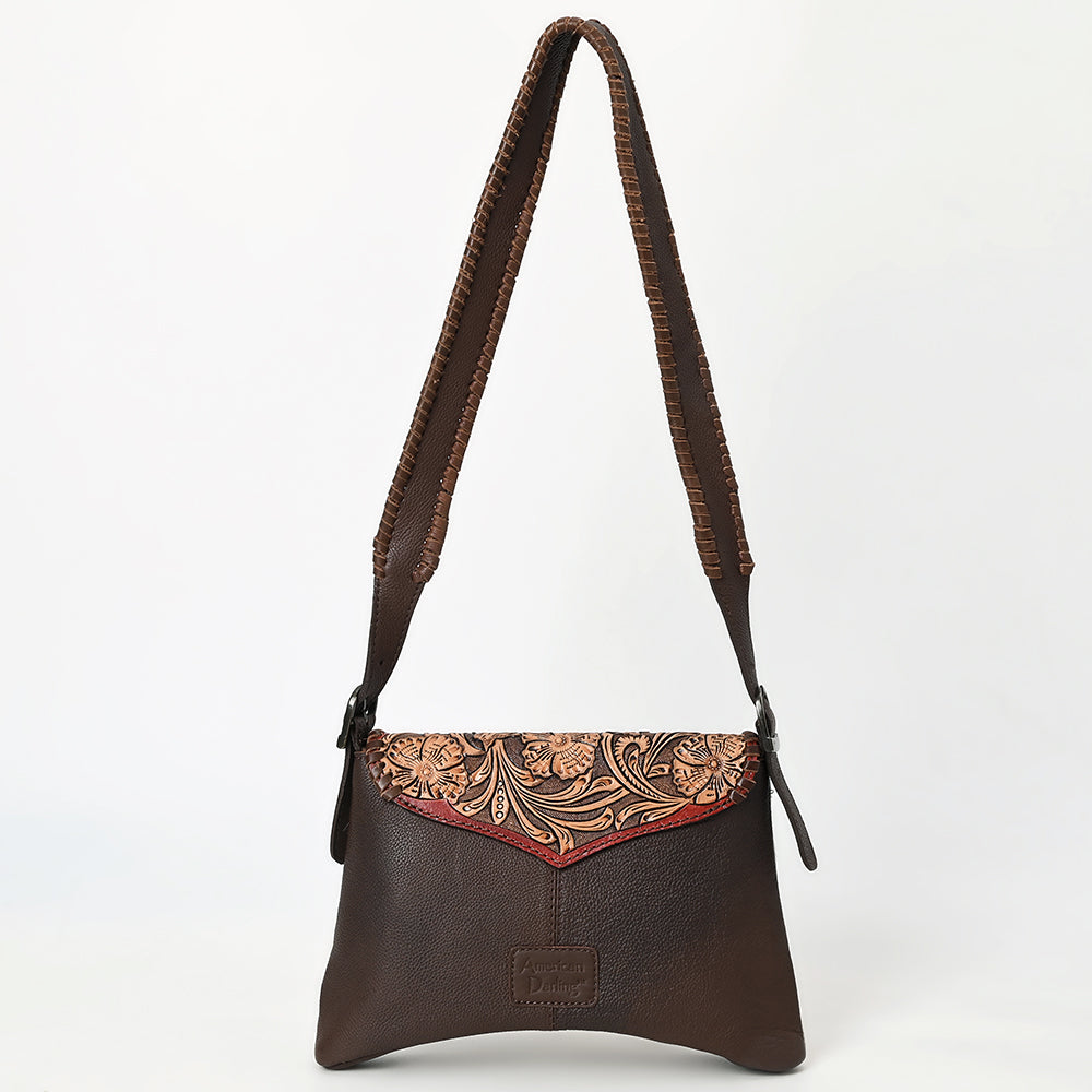 ADBGA571 Hand-Tooled Leather & Cowhide Crossbody Bag Western Floral Saddle Flap