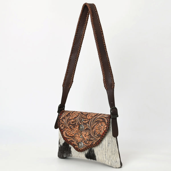 ADBGA571 Hand-Tooled Leather & Cowhide Crossbody Bag Western Floral Saddle Flap