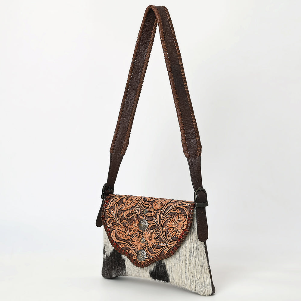 ADBGA571 Hand-Tooled Leather & Cowhide Crossbody Bag Western Floral Saddle Flap