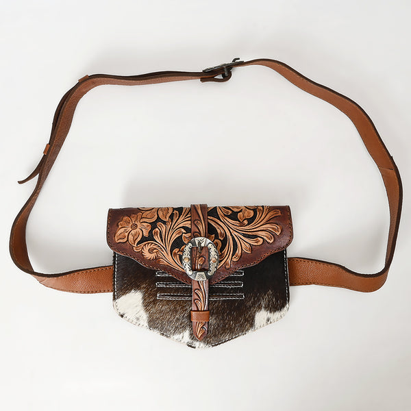 ADBGA572 Tooled Leather & Cowhide Belt Bag Western Waist Bag with Buckle Detail