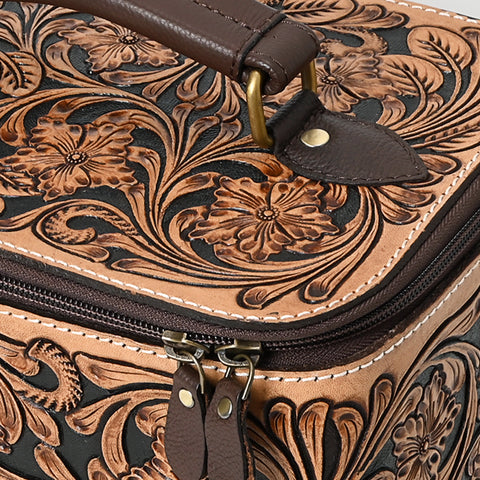 American Darling Hand-Tooled Leather Jewelry Case with Zip Closure and Top Handle