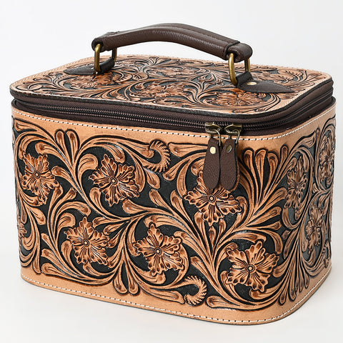 American Darling Hand-Tooled Leather Jewelry Case with Zip Closure and Top Handle