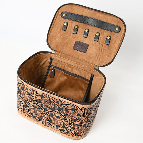 American Darling Hand-Tooled Leather Jewelry Case with Zip Closure and Top Handle