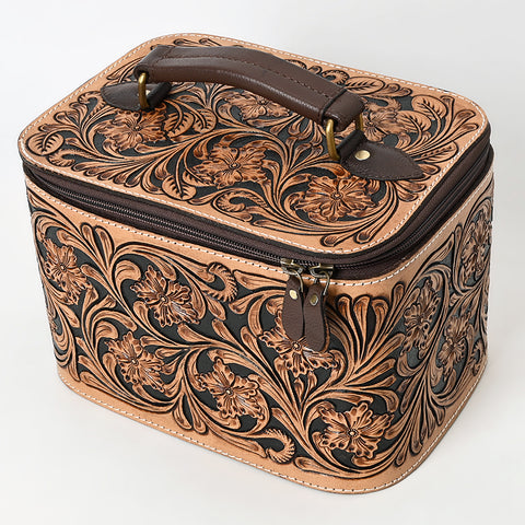 American Darling Hand-Tooled Leather Jewelry Case with Zip Closure and Top Handle