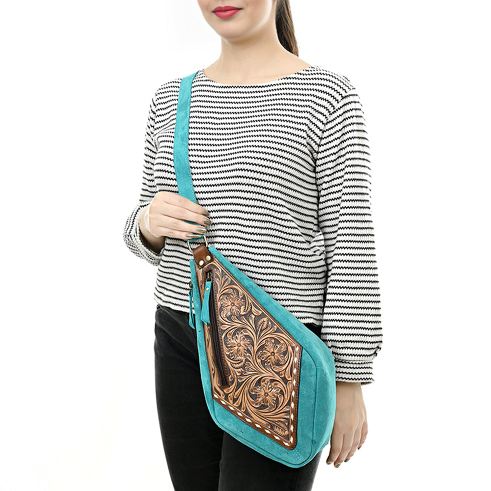 ADBGA578 Turquoise Genuine Leather Sling Bag Hand-Tooled Western Design