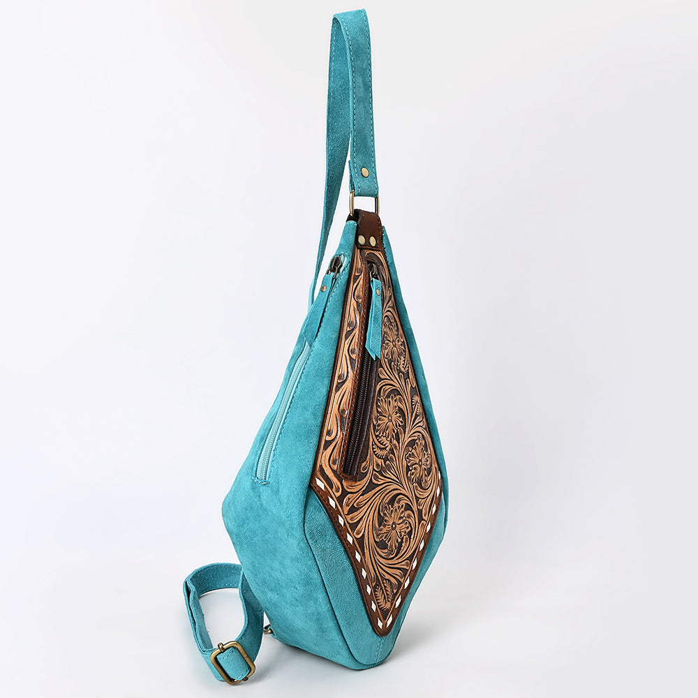ADBGA578 Turquoise Genuine Leather Sling Bag Hand-Tooled Western Design