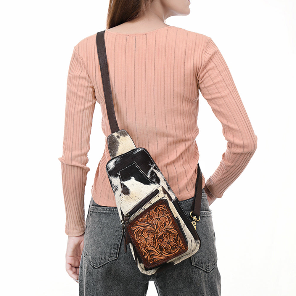 ADBGA579 Hair-On Cowhide Leather Sling Bag with Hand-Tooled Pocket Western Crossbody