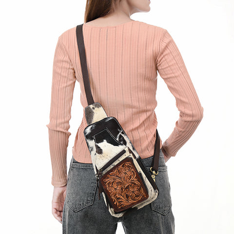 American Darling Hair-On Cowhide Leather Sling Bag with Hand-Tooled Pocket