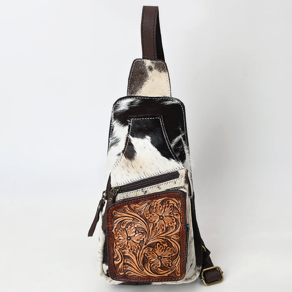ADBGA579 Hair-On Cowhide Leather Sling Bag with Hand-Tooled Pocket Western Crossbody
