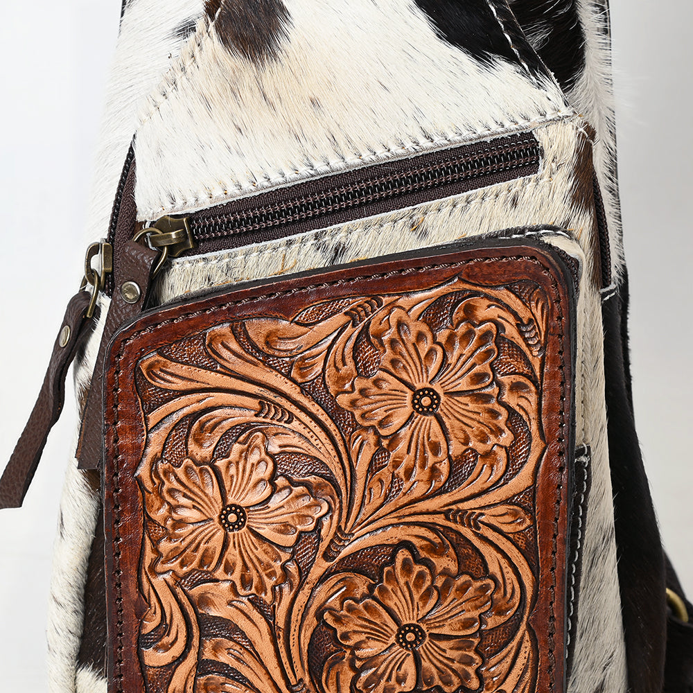 ADBGA579 Hair-On Cowhide Leather Sling Bag with Hand-Tooled Pocket Western Crossbody