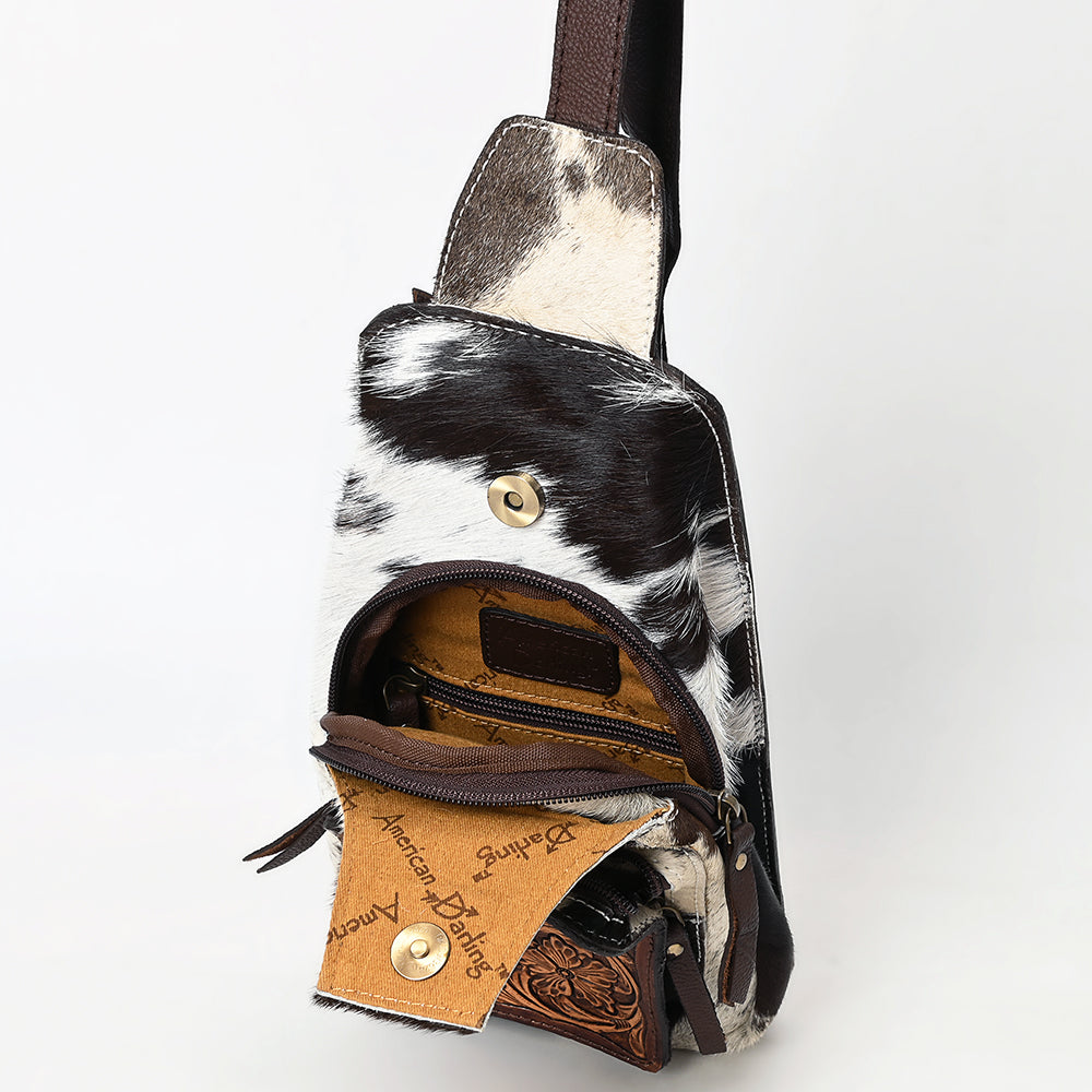ADBGA579 Hair-On Cowhide Leather Sling Bag with Hand-Tooled Pocket Western Crossbody