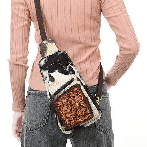 American Darling Hair-On Cowhide Leather Sling Bag with Hand-Tooled Pocket