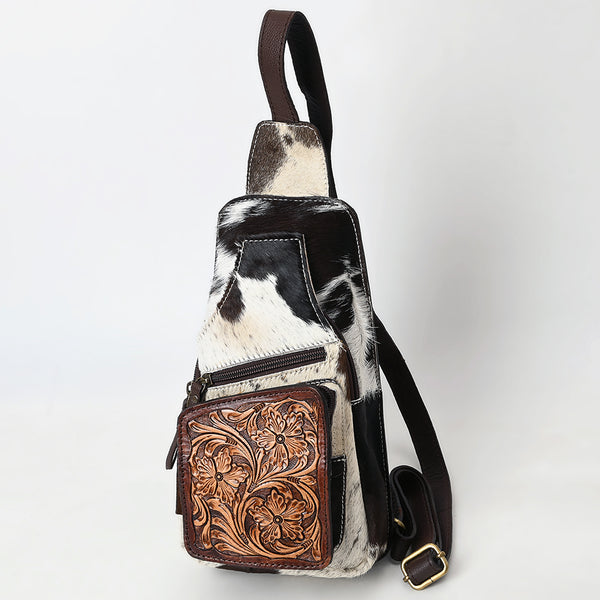 ADBGA579 Hair-On Cowhide Leather Sling Bag with Hand-Tooled Pocket Western Crossbody