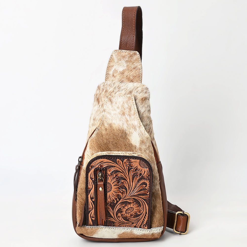 ADBGA580 Hand-Tooled Leather & Cowhide Sling Bag Western Crossbody Backpack