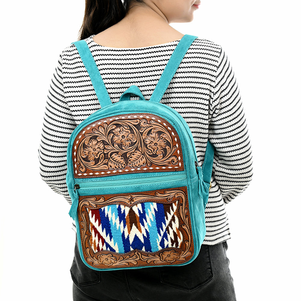 ADBGA581 Hand-Tooled Leather & Wool Backpack Genuine Western Turquoise Bag for Women