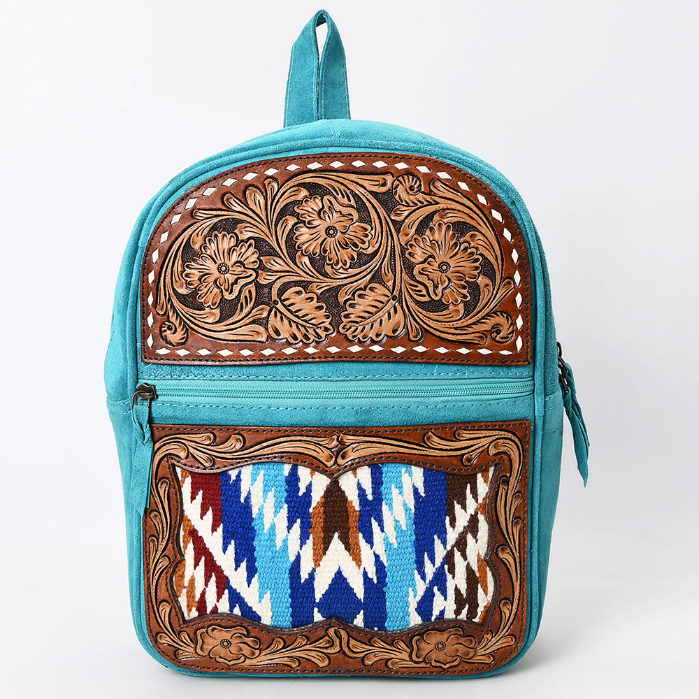 ADBGA581 Hand-Tooled Leather & Wool Backpack Genuine Western Turquoise Bag for Women