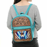 ADBGA581 Hand-Tooled Leather & Wool Backpack Genuine Western Turquoise Bag for Women