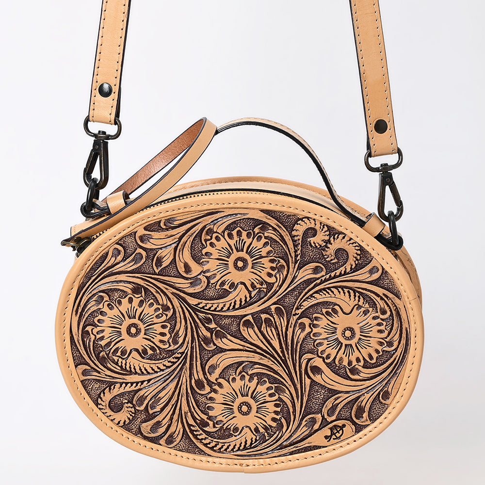 ADBGZ865 Round Tooled Leather Canteen Bag Floral Engraved Western Circle Purse | American Darling