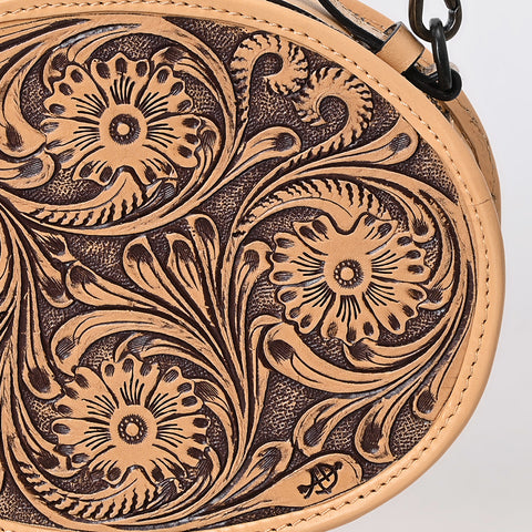 ADBGZ865 Round Tooled Leather Canteen Bag Floral Engraved Western Circle Purse | American Darling
