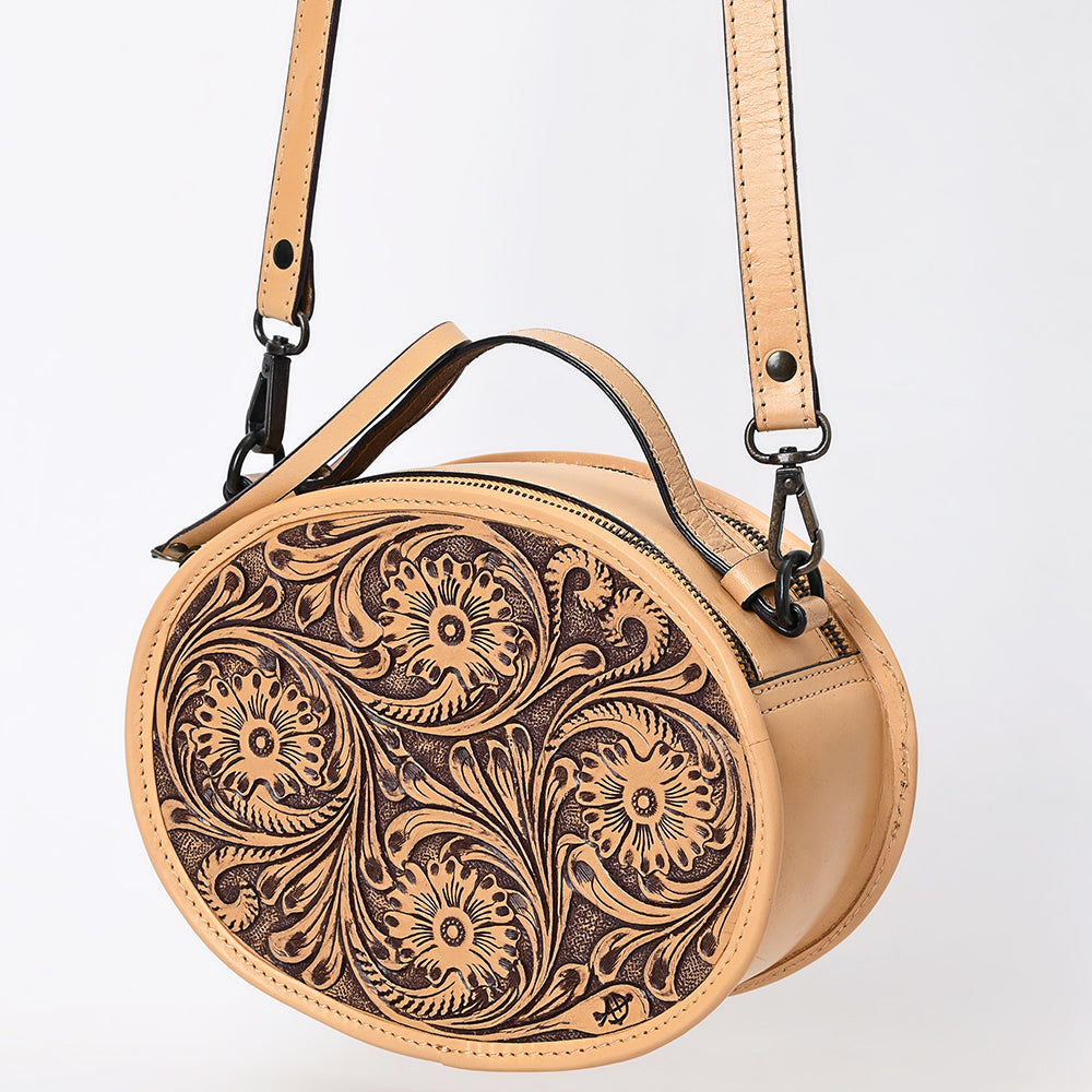 ADBGZ865 Round Tooled Leather Canteen Bag Floral Engraved Western Circle Purse | American Darling