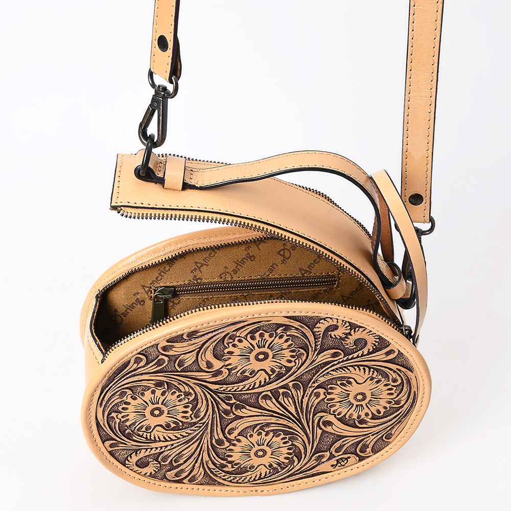 ADBGZ865 Round Tooled Leather Canteen Bag Floral Engraved Western Circle Purse | American Darling