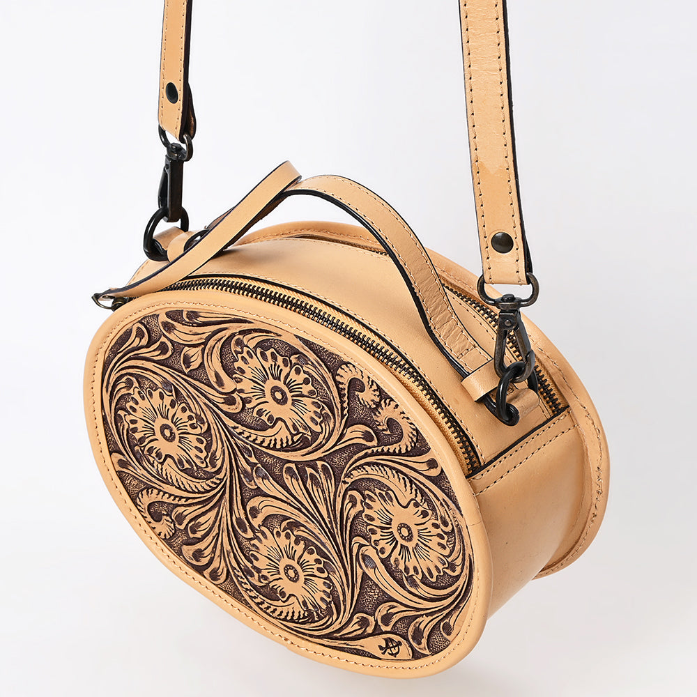 ADBGZ865 Round Tooled Leather Canteen Bag Floral Engraved Western Circle Purse | American Darling