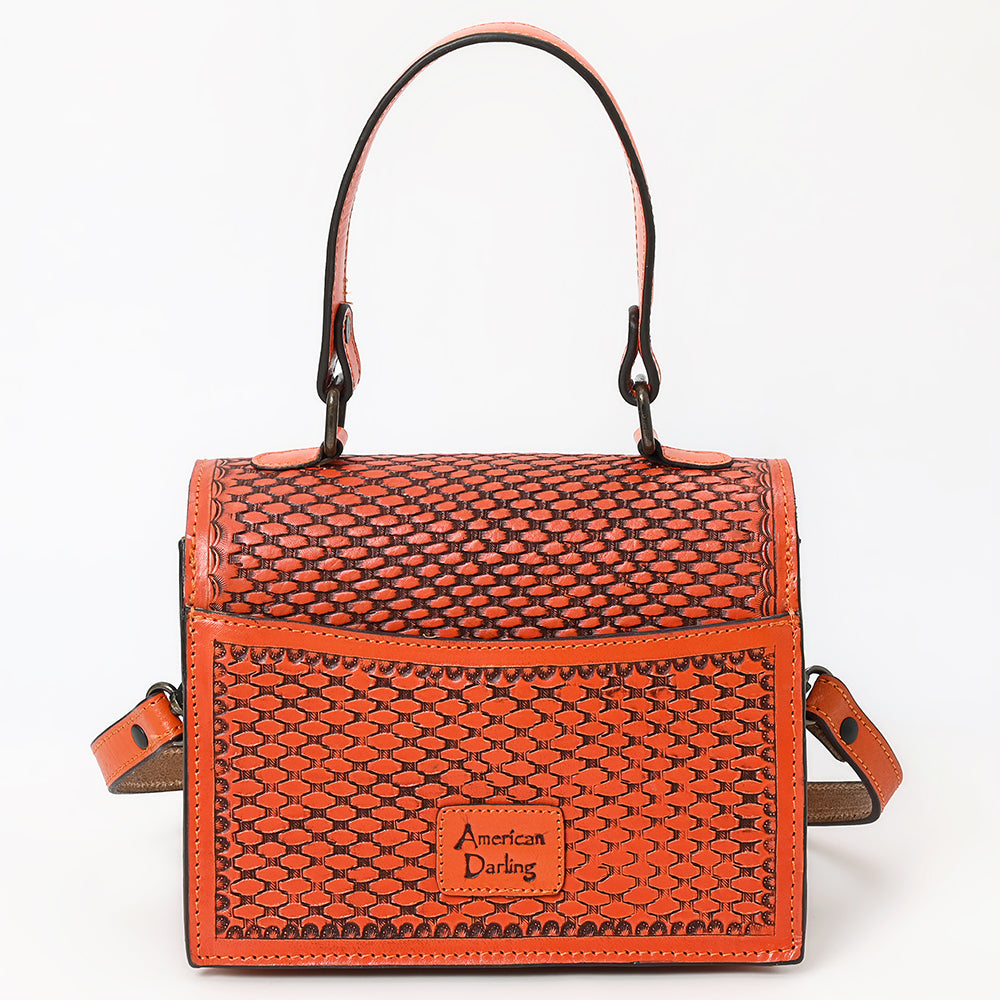 ADBGZ866 Orange Tooled Leather Tote Handbag Floral Western Satchel with Crossbody Strap | American Darling