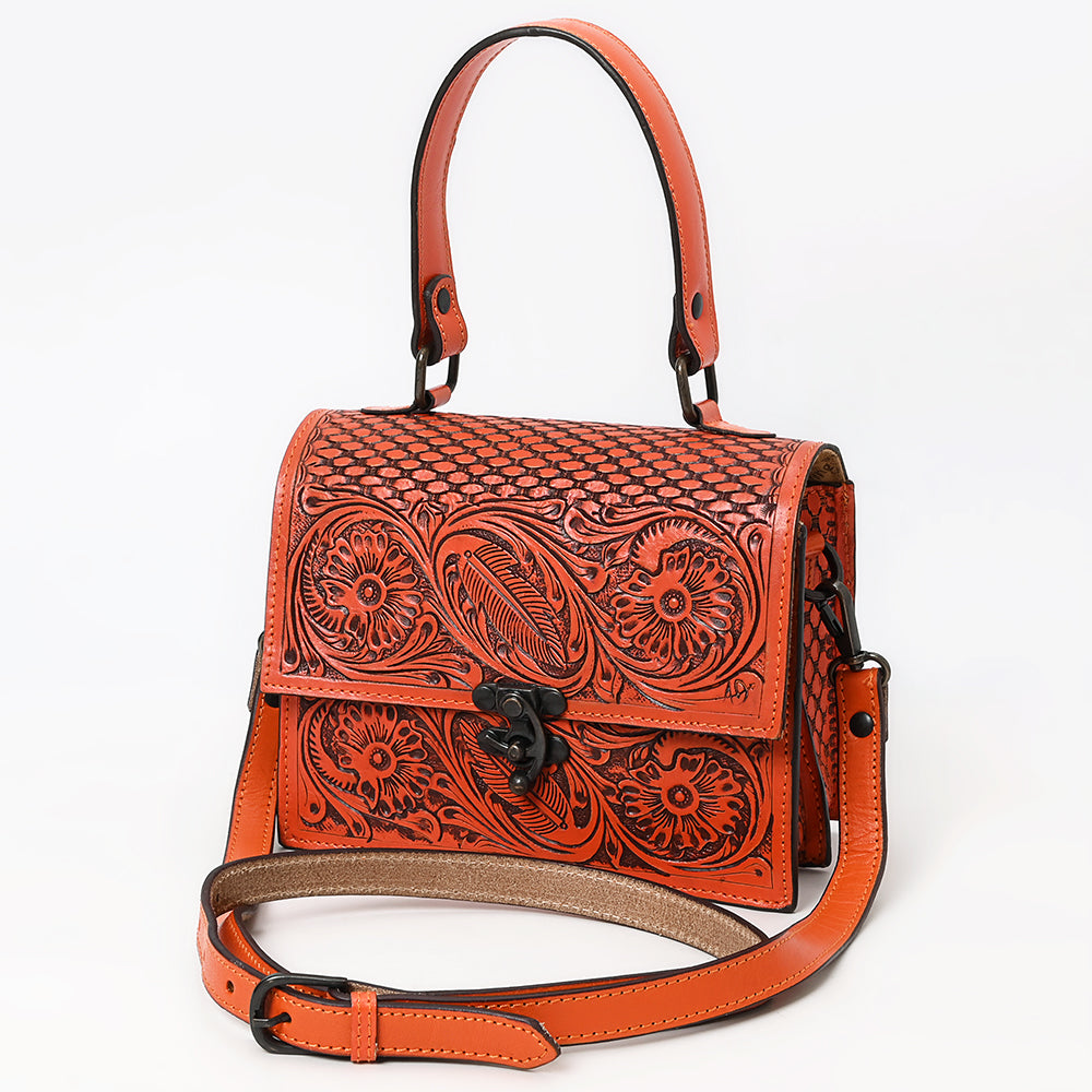 ADBGZ866 Orange Tooled Leather Tote Handbag Floral Western Satchel with Crossbody Strap | American Darling