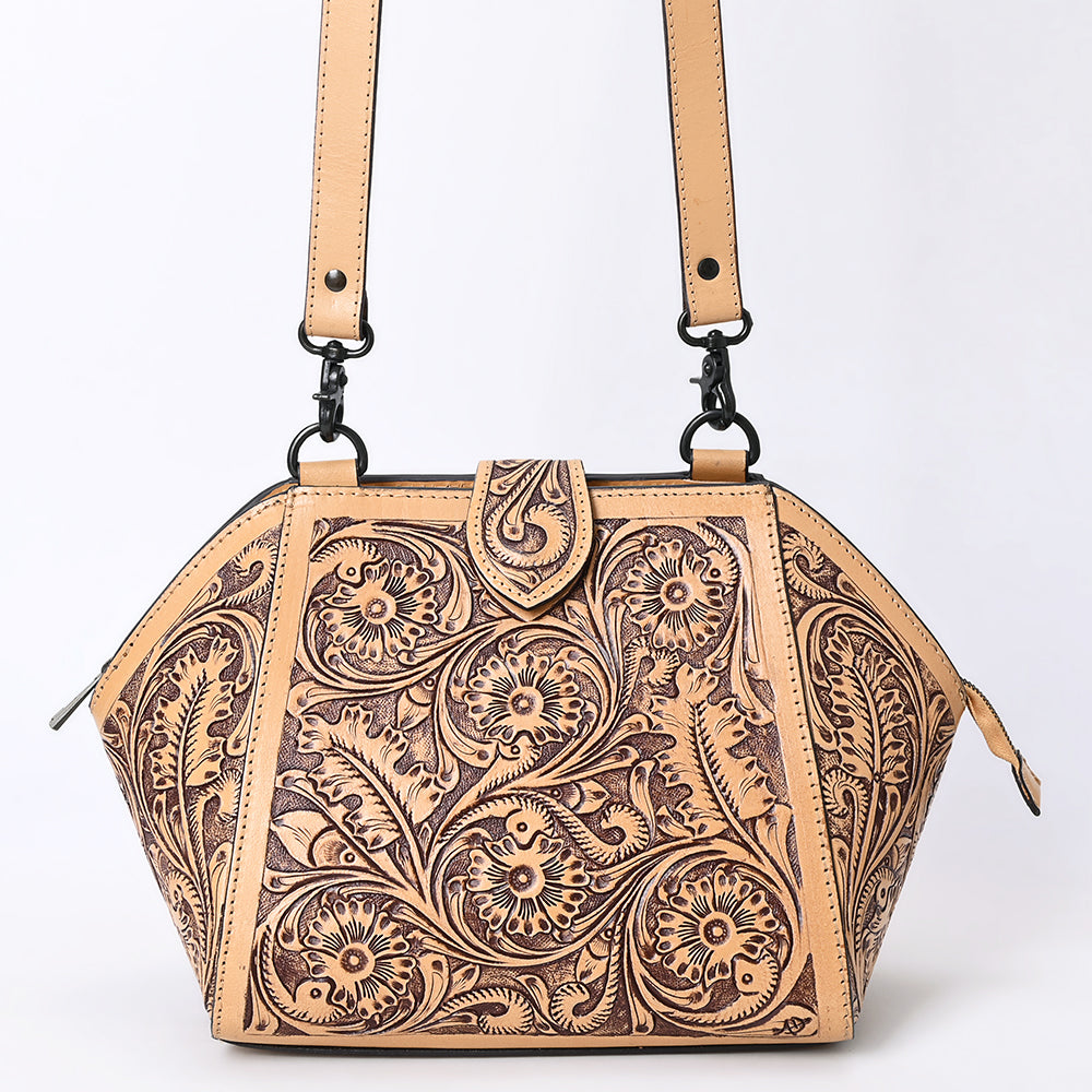 ADBGZ868 Hand-Tooled Tan Leather Structured Messenger Bag Western Floral Purse | American Darling