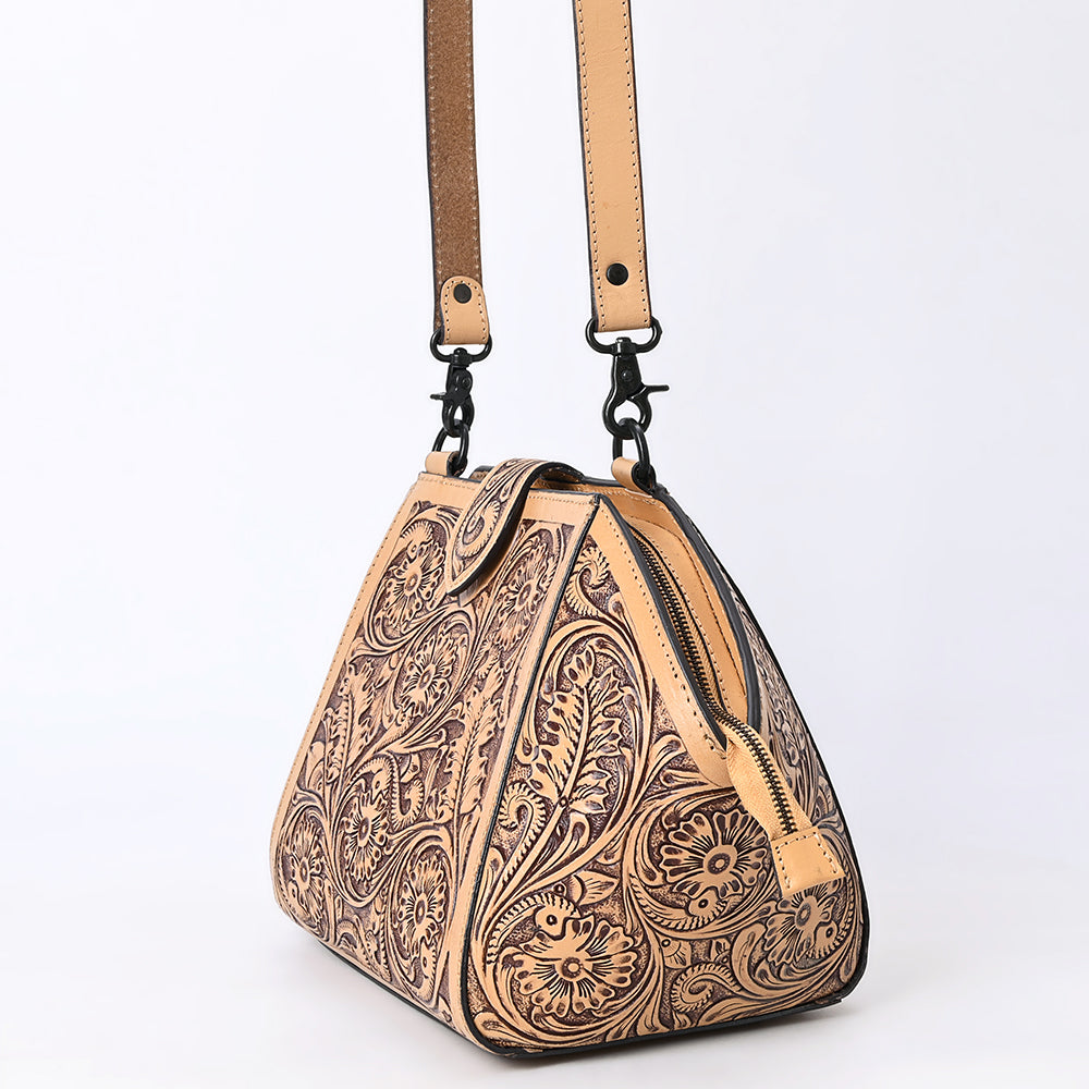 ADBGZ868 Hand-Tooled Tan Leather Structured Messenger Bag Western Floral Purse | American Darling