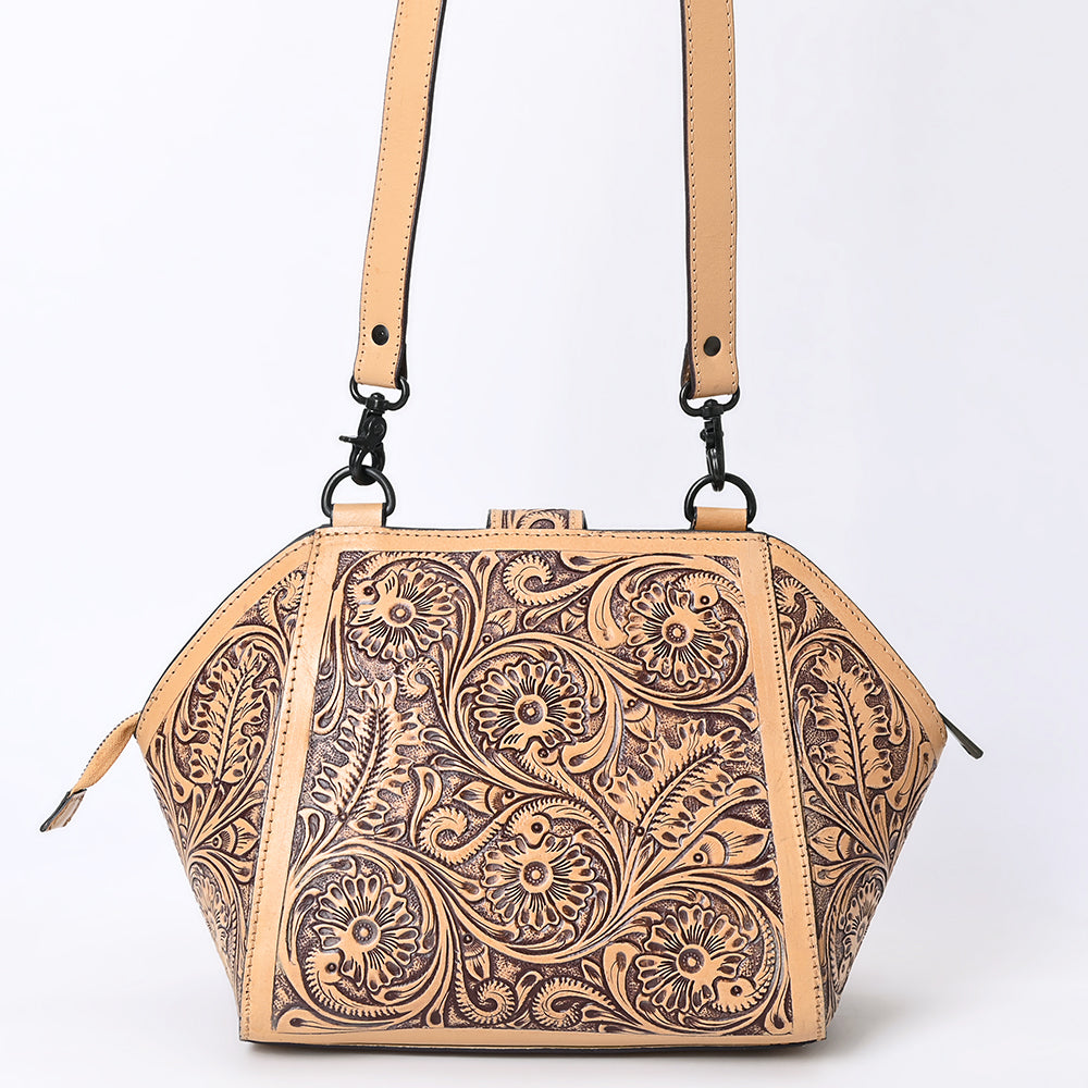 ADBGZ868 Hand-Tooled Tan Leather Structured Messenger Bag Western Floral Purse | American Darling